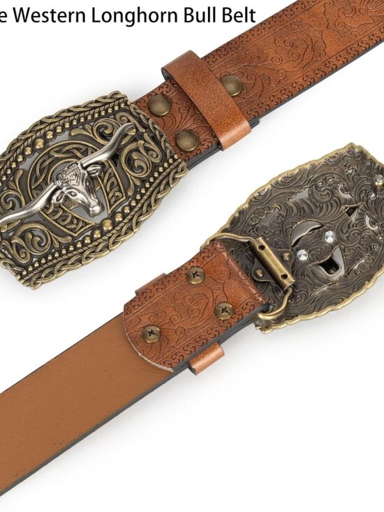 Women\'s Brown 3 Western Pu Leather Longhorn Bull Turquoise Embossed Buckle Belt main image 6